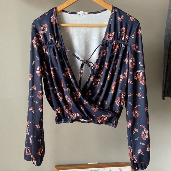 70’s Long Sleeve Wrap Crop Top Paisley Floral Print Medium Boho Bohemian Summer - Picture 3 of 8